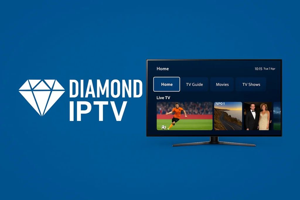 Diamond IPTV logo met blauwe diamant – 4K IPTV-server voor Nederlandse kijkers