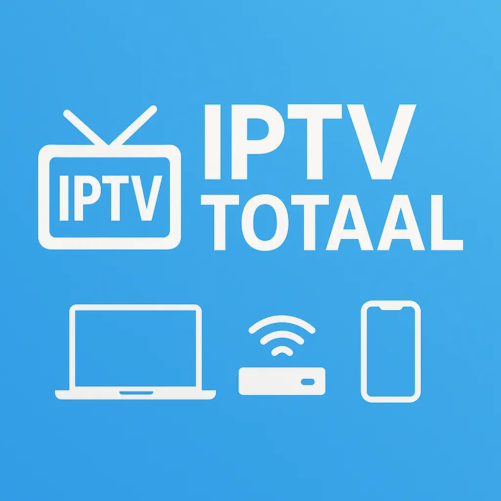 IPTVTOTAAL logo op blauwe achtergrond met 4K en device-iconen
